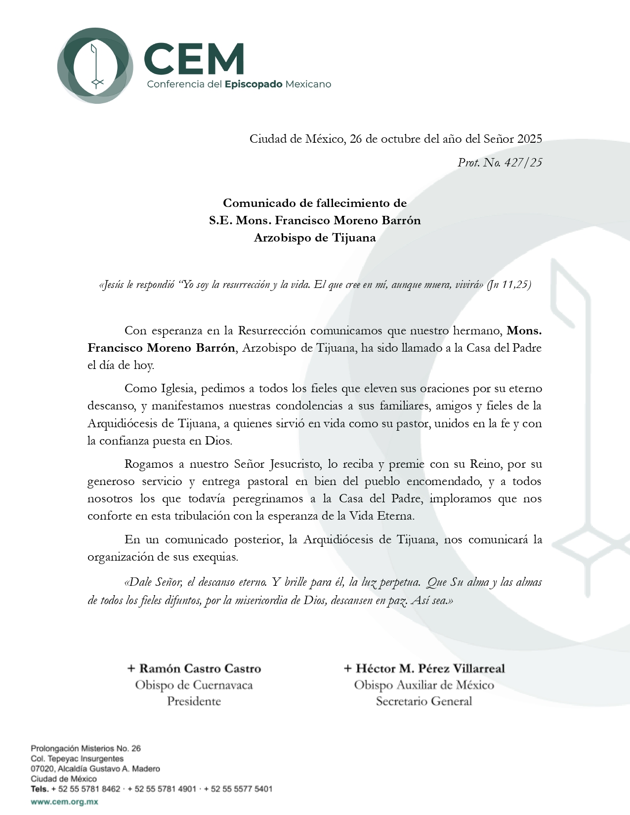 Comunicado por fallecimiento de Mons. Franciso Moreno Barrón page 0001